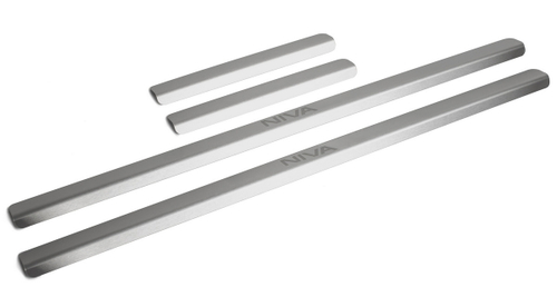 Накладки на пороги Rival для Chevrolet Niva I рестайлинг 2009-2020, нерж. сталь, с надписью, 4 шт., NP.1004.3