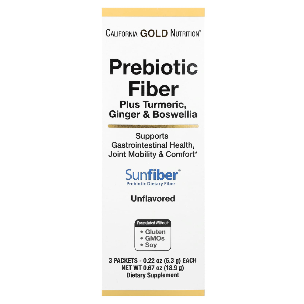 California Gold Nutrition, пребиотическая клетчатка с экстрактами куркумы, органического имбиря и босвеллии, 3 пакетика по 6,3 г (0,22 унции)