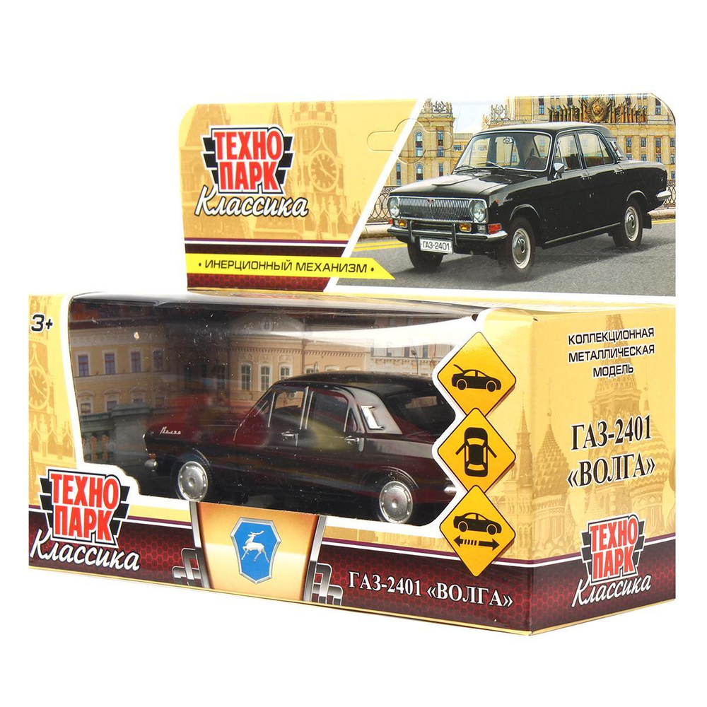 Модель ин. мет. "ГАЗ-2401 Волга" 12см, двери, багаж, черный, коробка 2401-12-BK (Технопарк)