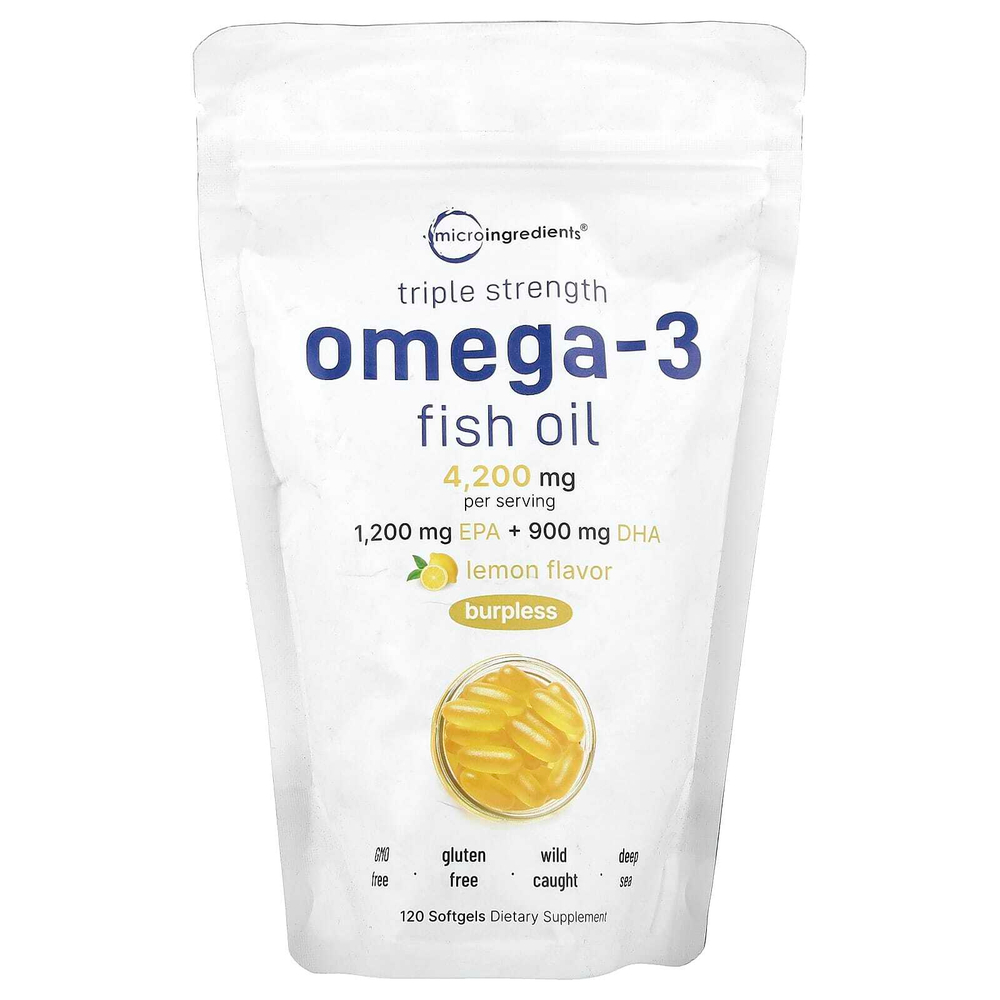 Micro Ingredients, омега-3, рыбий жир, тройная сила, лимон, 120 капсул (1400 мг в каждой)
