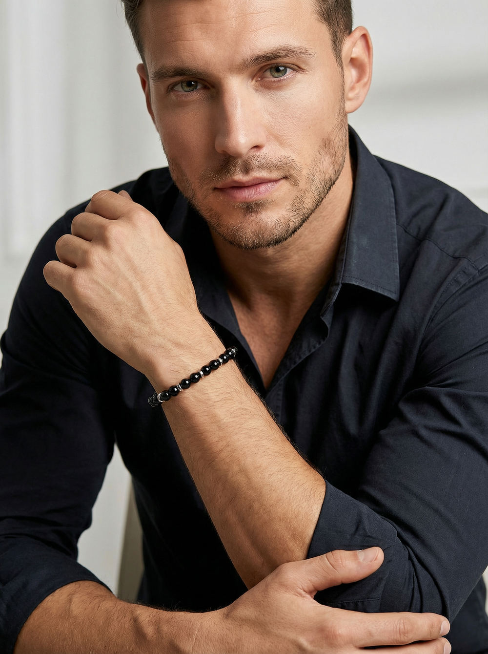 Браслет мужской из натурального чёрного агата