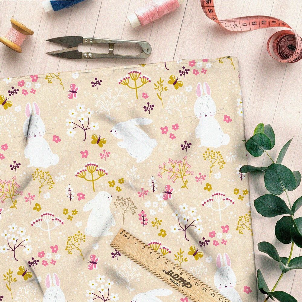 Ткань футер 2-х нитка белые зайки в поле