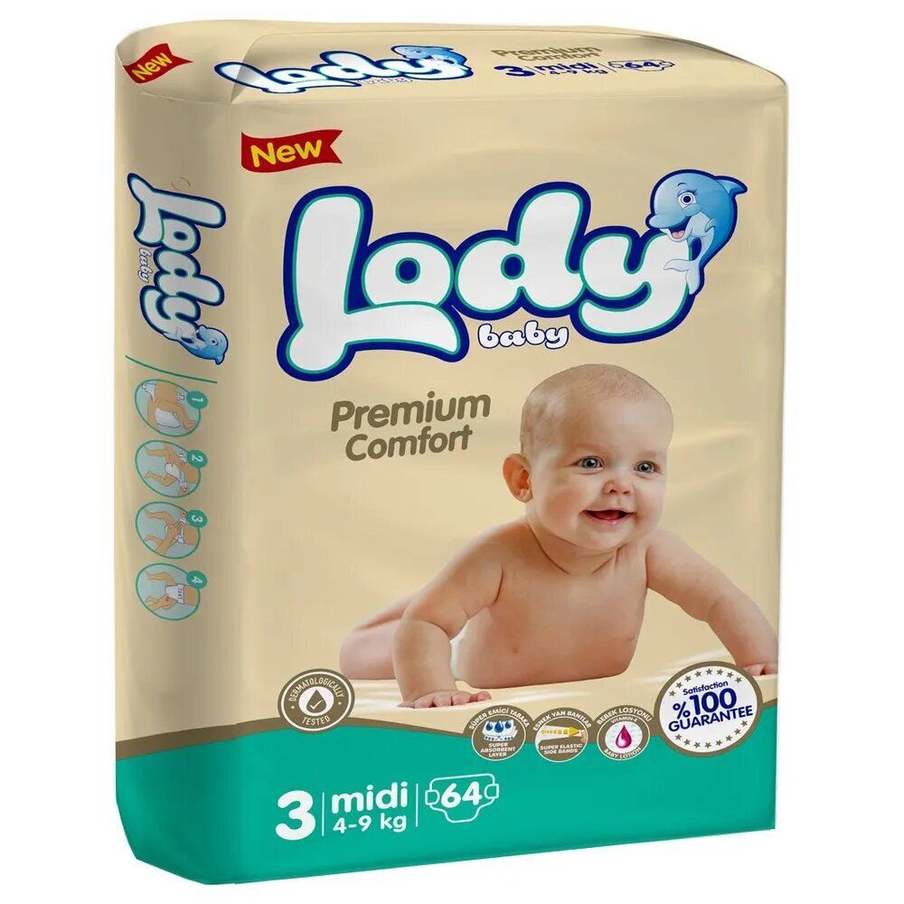 Подгузники Lody Baby, размер 3 (4-9 кг), 64 штуки