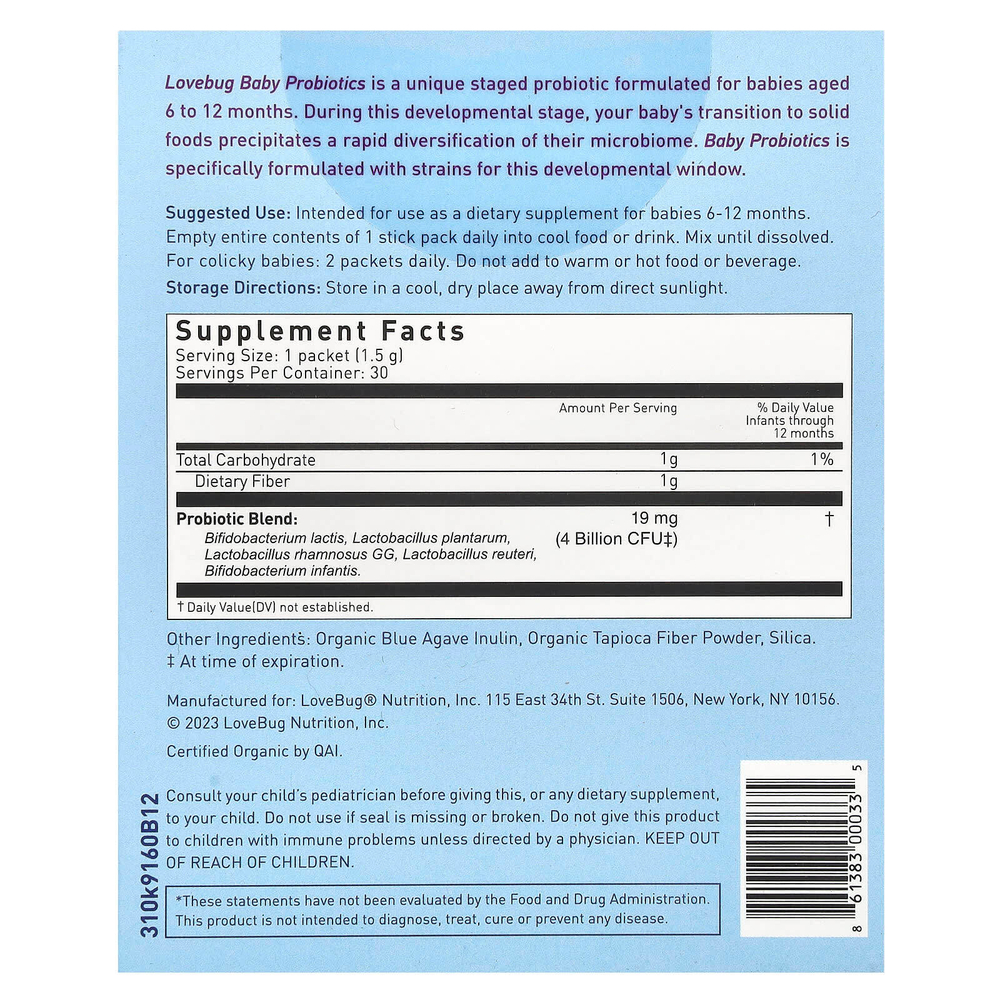 LoveBug Probiotics, Детские пробиотики, для детей от 6 до 12 месяцев, 4 млрд КОЕ, 30 порционных пакетиков
