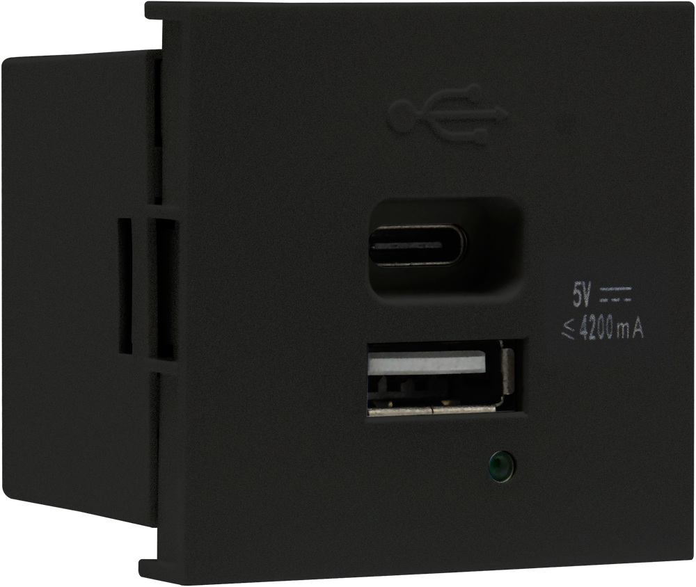 USB зарядное устройство,  4.2A ,  Type A + C,  2 мод.,  черн. матовая (45х45мм)