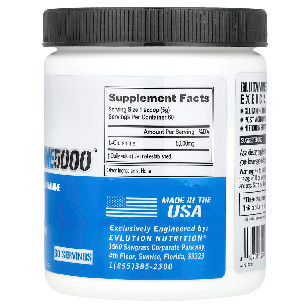 EVLution Nutrition, Глутамин 5000, без добавок, 5000 мг, 300 г (10,58 унции)
