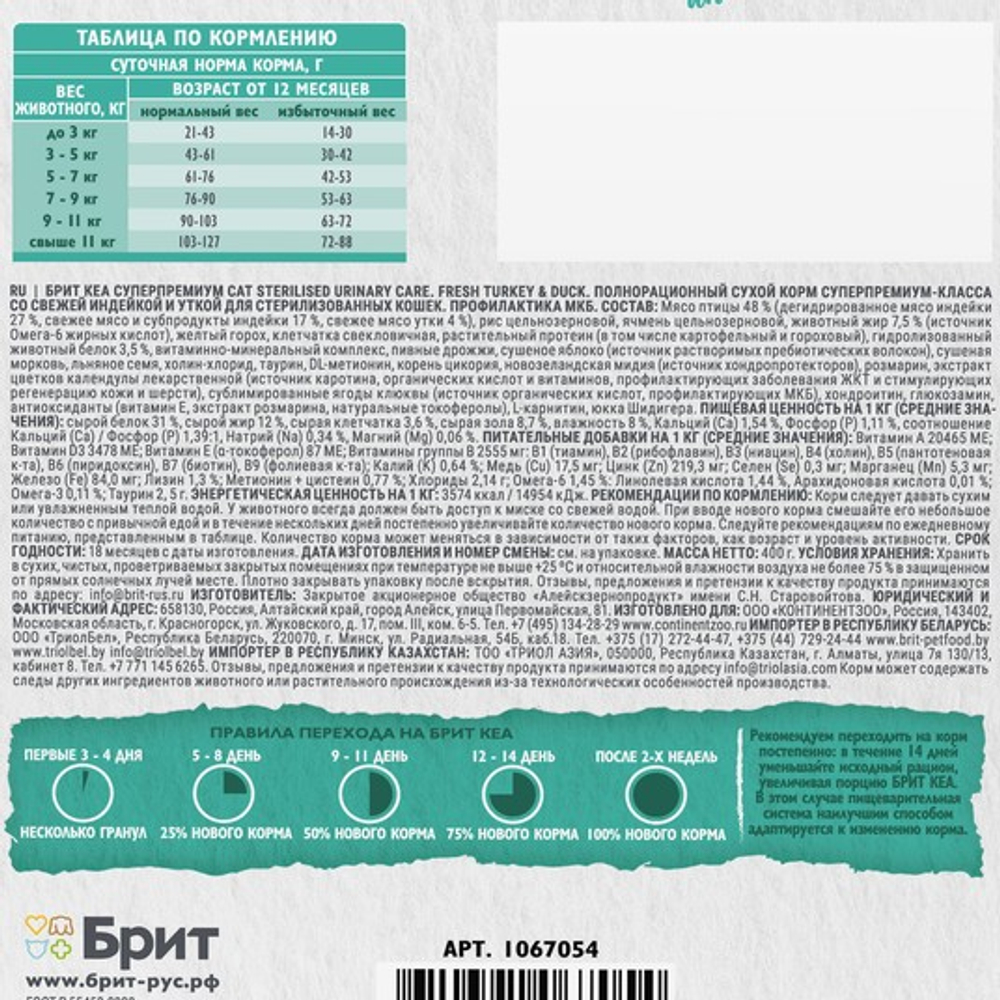 Сухой корм для стерилизованных кошек Брит BRIT CARE STERILISED URINARY CARE с индейкой и уткой 0,4кг