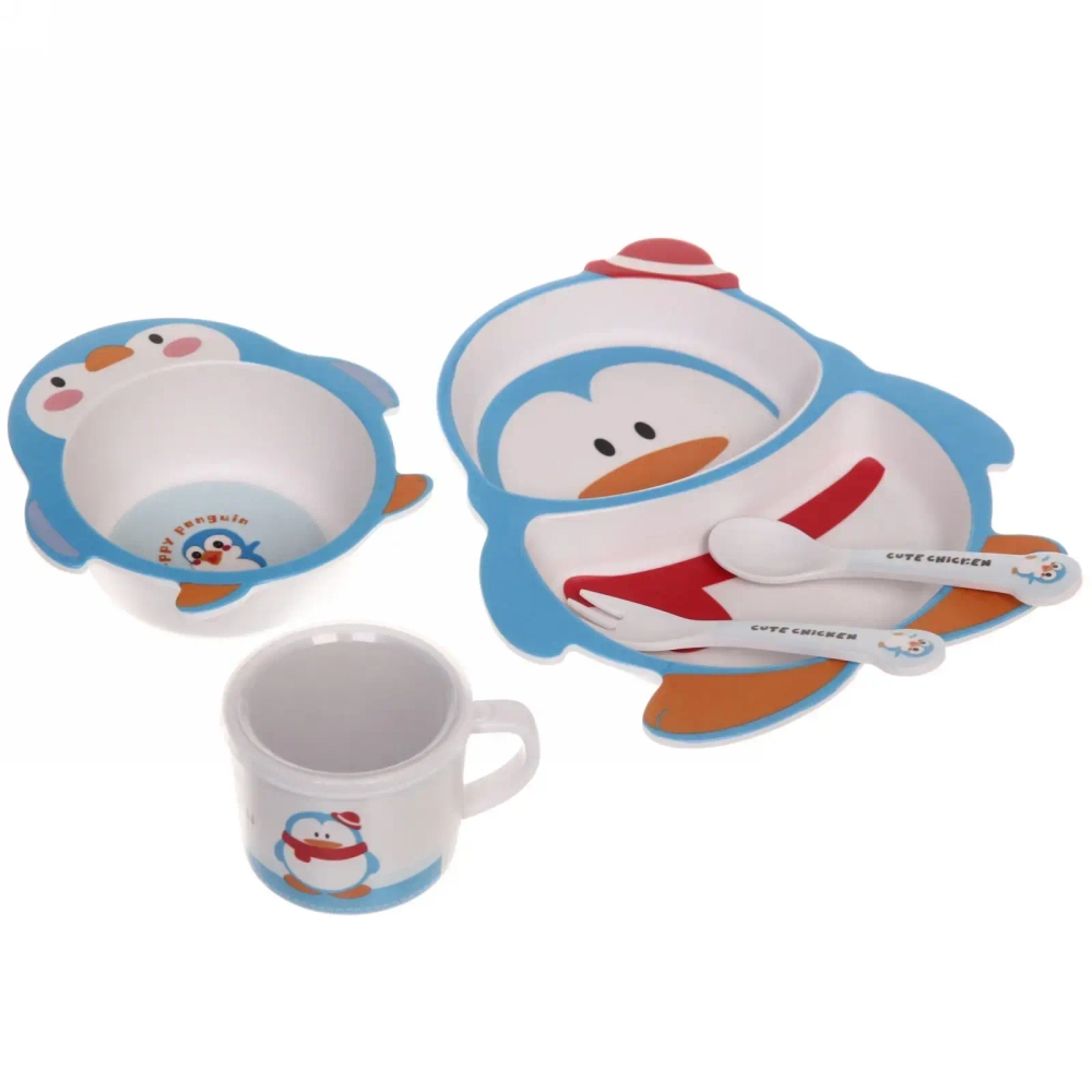 Набор детской посуды из бамбука 5 предметов «Пингвин в шляпке»