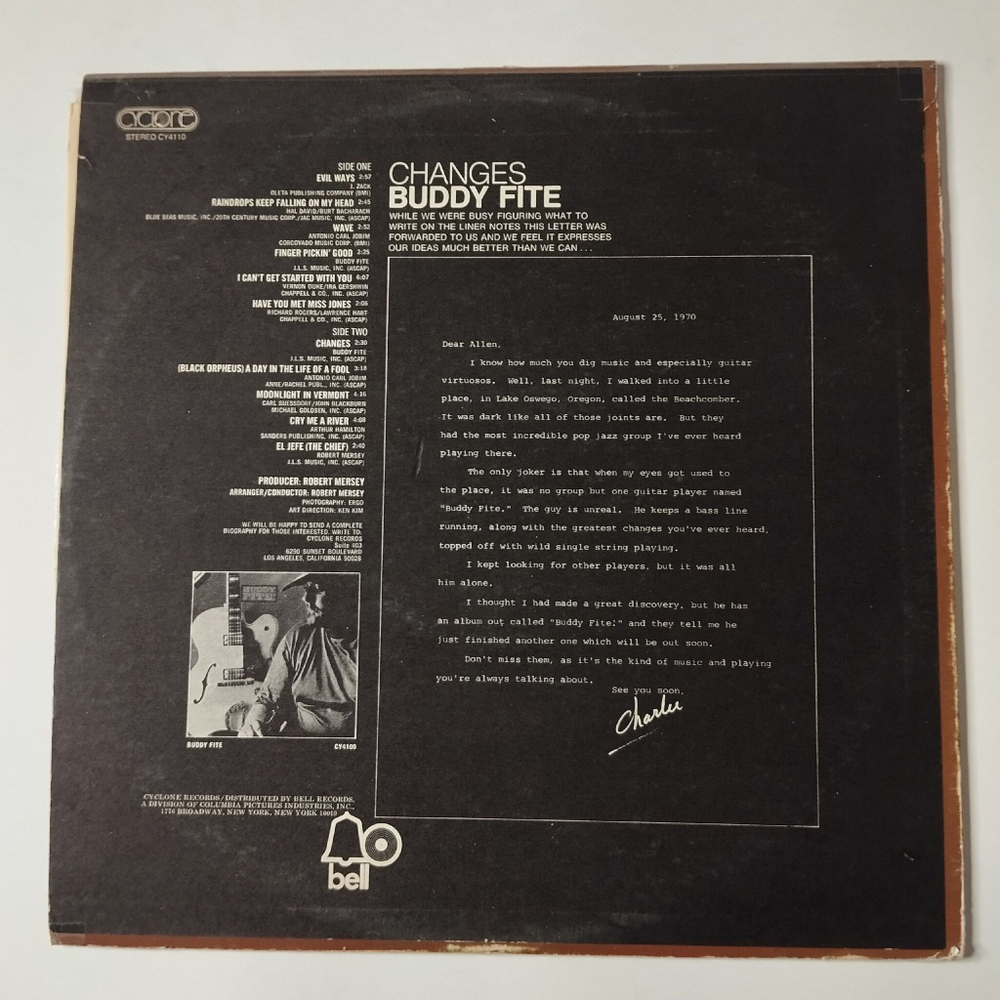Винтажная виниловая пластинка LP Buddy Fite Changes (USA 1970)