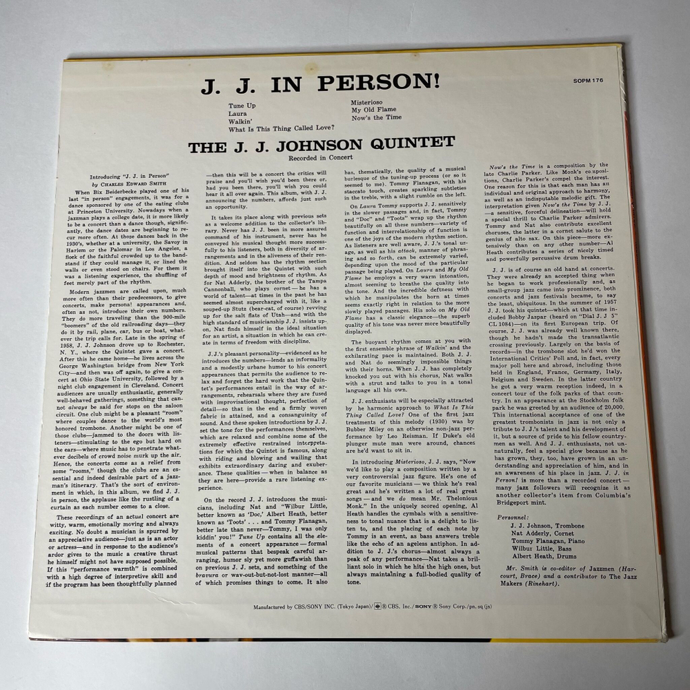 Винтажная виниловая пластинка LP The J.J. Johnson Quintet, J. J. In Person (Japan 1976) (No Obi)