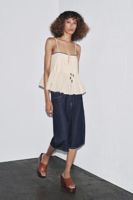 ZARA ТОП С КОНТРАСТНОЙ ОТДЕЛКОЙ — ZW COLLECTION, ЭКРЮ