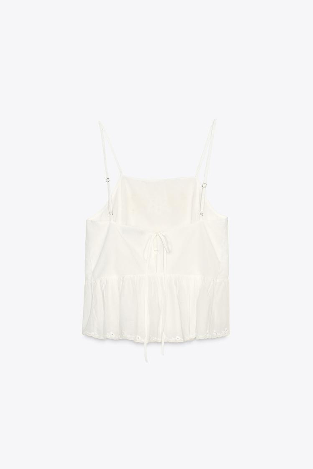 ZARA ТОП С ЦВЕТОЧНОЙ ВЫШИВКОЙ И ЗАВЯЗКАМИ, ЖЕЛТОВАТО-БЕЛЫЙ