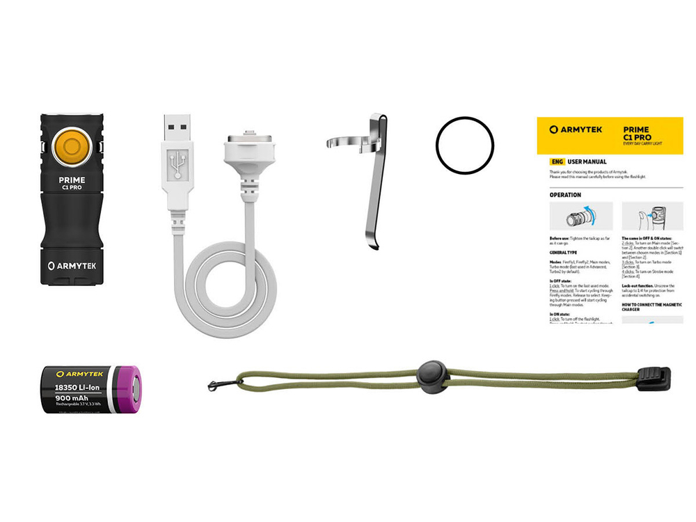 Фонарь EDC Armytek Prime C1 Pro Magnet USB XP-L, 930 lm, тёплый, оптика TIR, до 112м, 1x18350, IP68, 47г