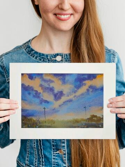 Картина авторская акварельная в паспарту 21х30 см на стену для интерьера "Закат в пути от точки А до точки Б"