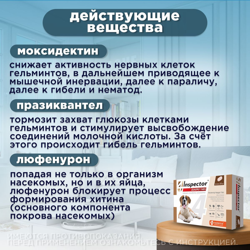 Таблетки от блох, клещей и гельминтов Inspector (Инспектор Квадро Табс) для собак более 16кг (4 таблетки)