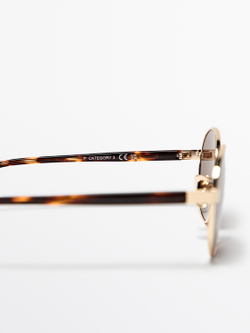 Massimo Dutti Круглые металлические солнцезащитные очки с эффектом черепаховой панцири, золотой