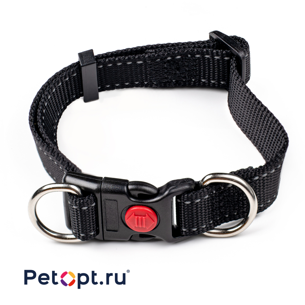 610010074-75-76-77 PetOpt Ошейник светоотражающий нейлон регулируемый с фиксатором Черный . Конструкция "два кольца", фастекс