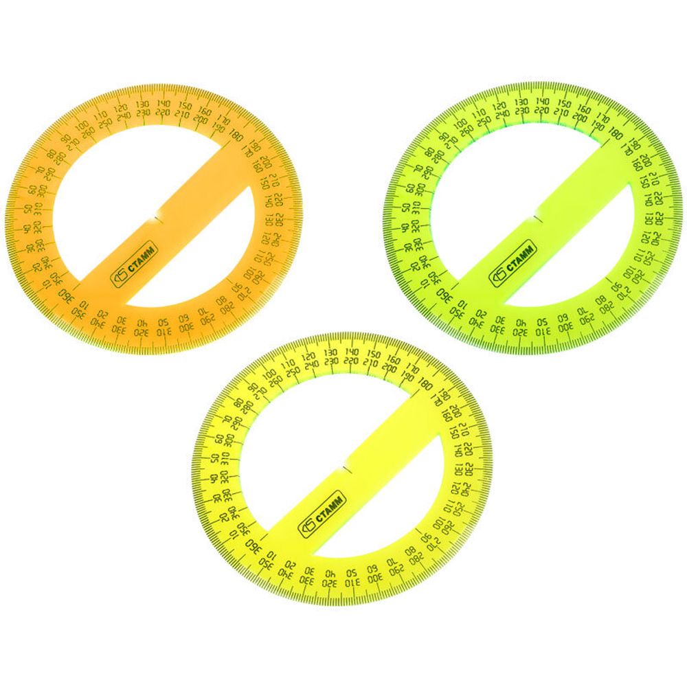 Транспортир пластиковый 10см, 360°, прозрачный, флуоресцентный 4цв, Стамм