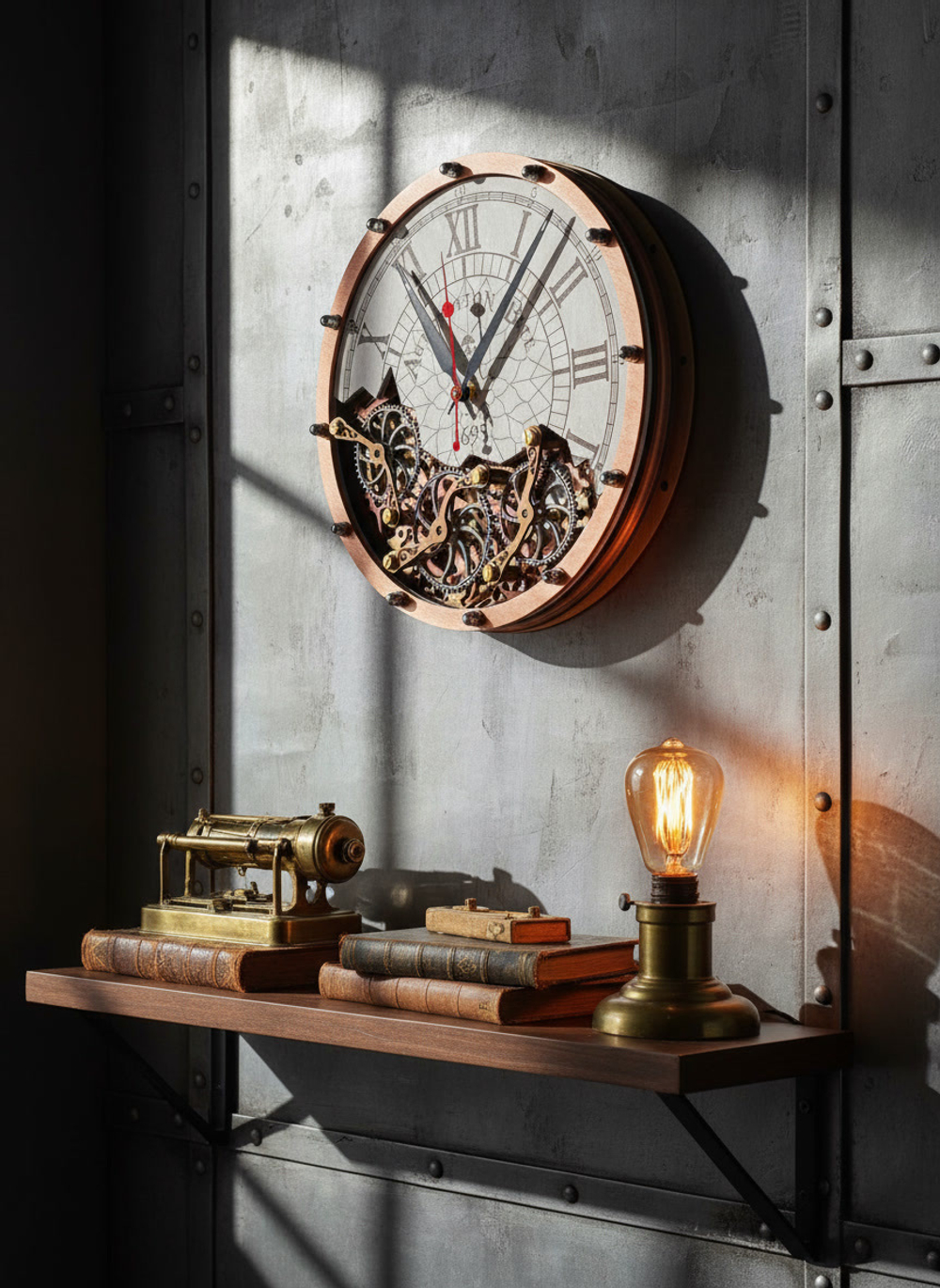 Настенные часы WOODandROOT Automaton Bite 1695 — викторианская механика и стимпанк-декор на фоне металлической стены и лампы Эдисона