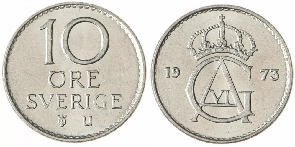 Швеция 10 эре, 1962-1973 Король Густав VI Адольф XF