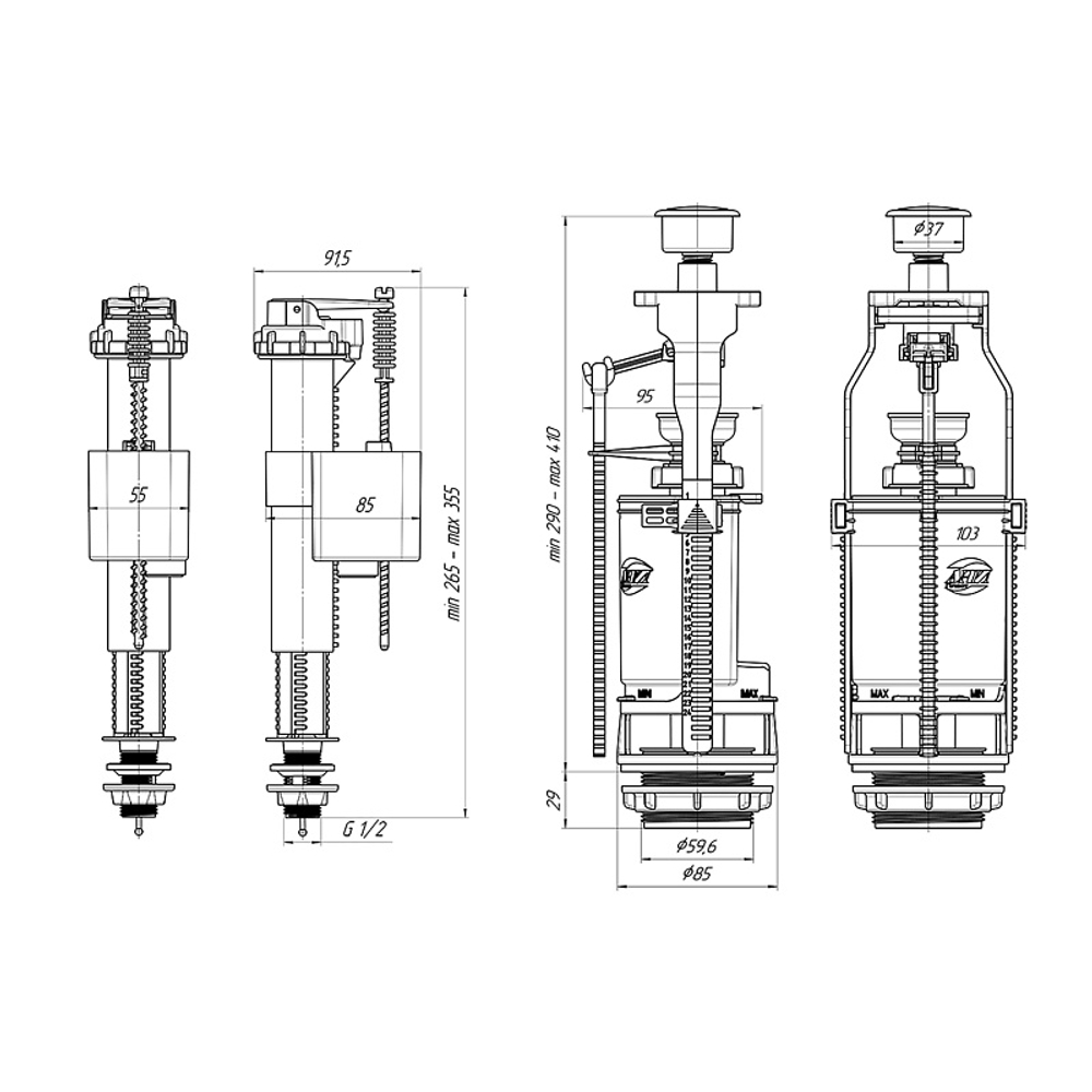 Набор с нижней подводкой Ани Пласт G1/2", с пластиковым штуцером кнопка хромированная (WC8510C)