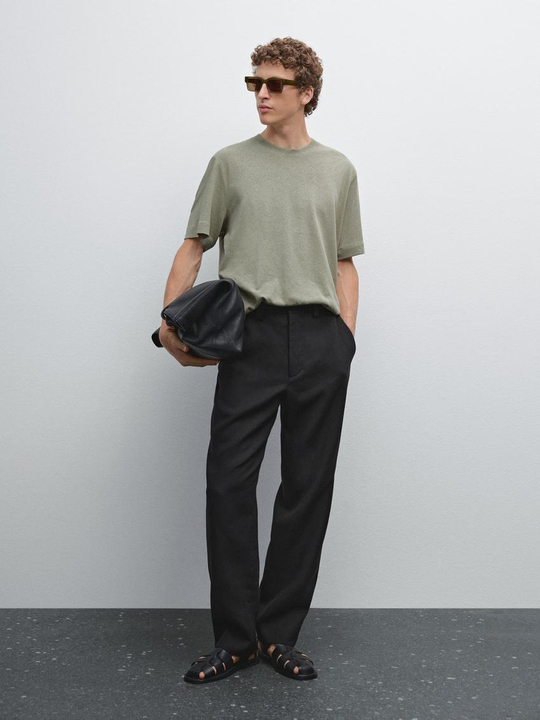 Massimo Dutti Футболка с коротким рукавом из смесового льна, водянисто-зеленый