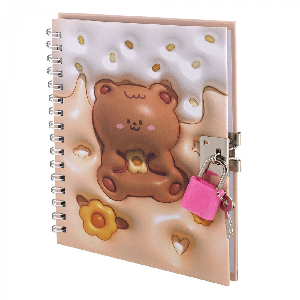 Блокнот в футляре, 19,5 см * 22,5 см, гребень, Alingar, ламинация, эффект 3D, ручка, замочек, клетка, 45 л., "Мишка", персиковый