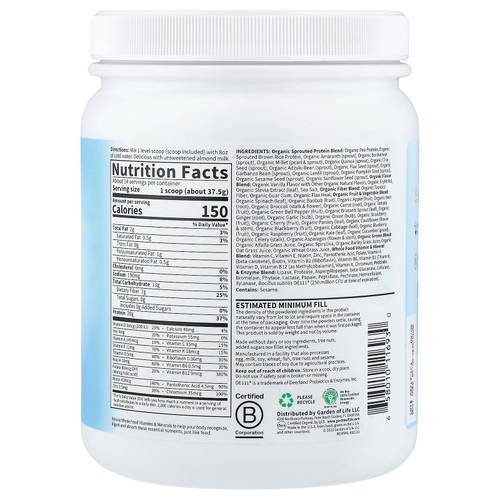 Garden of Life, RAW органический коктейль для замены приема пищи, со вкусом ванили, 525 г (18,52 унции)