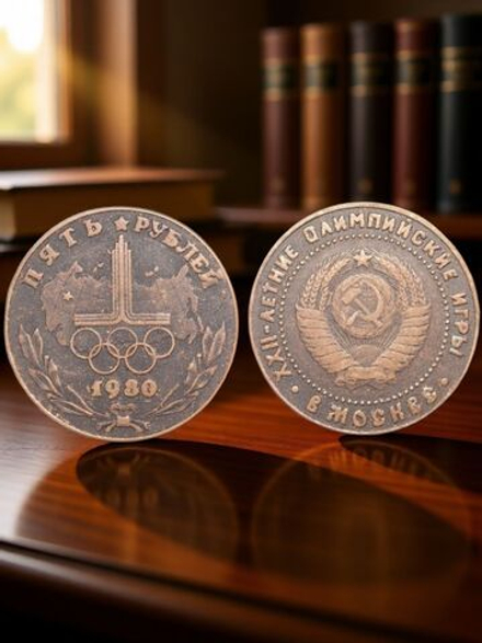 5 рублей 1980 года СССР Олимпиада-80 в Москве. Кольца Олимпийские игры. Копия монеты медь патина