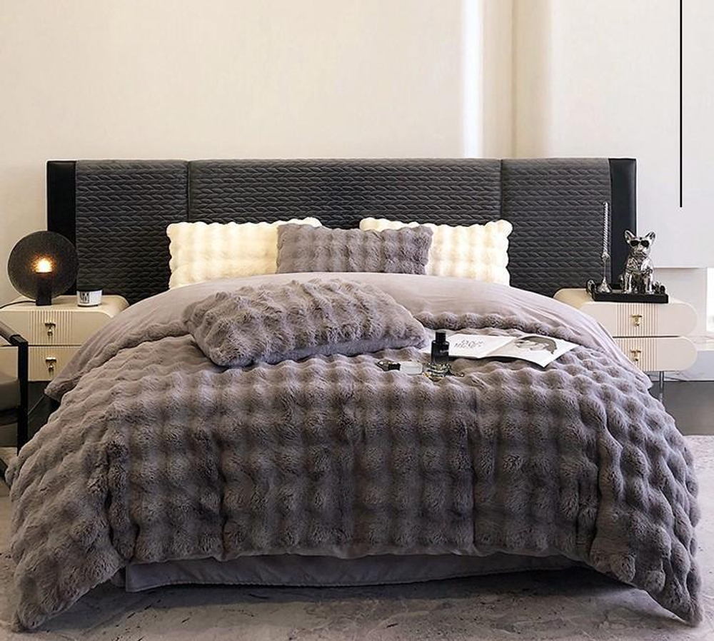 Постельное белье ЕВРО (двуспалка) Флис-велюр Серый Клетка