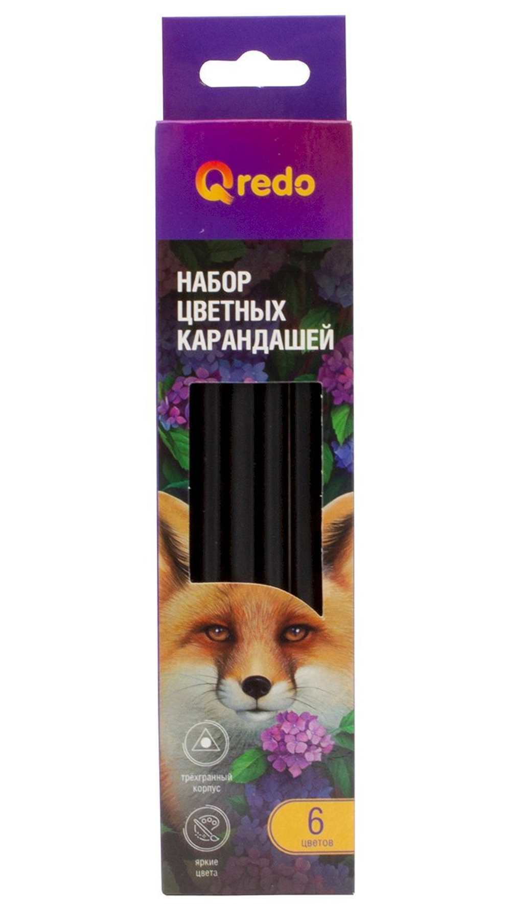 Карандаши цветные Qredo Fox, 6 цветов, пластиковые, трехгранные
