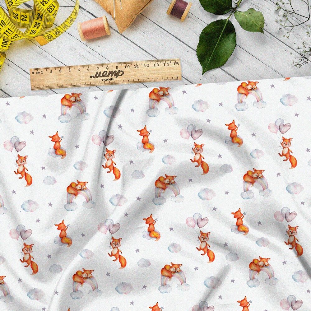 Ткань сатин лисята на воздушных шарах