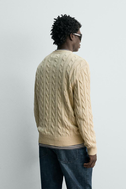 ZARA СВИТЕР ИЗ СМЕСОВОГО ХЛОПКА С УЗОРОМ «КОСЫ», ВАНИЛЬНЫЙ