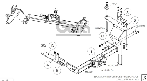 Фаркоп оцинкованный для KGM Musso/Rexton Sports 2023-, SsangYong Musso/Rexton Sports 2017-2023, фланцевое крепление шара, Galia.S130A