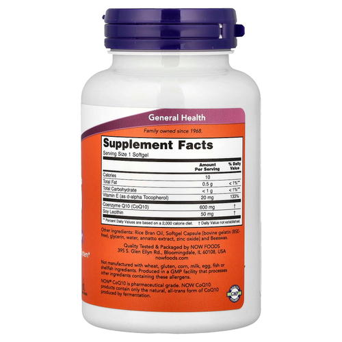 NOW Foods, коэнзим Q10 с витамином E и лецитином, 60 капсул