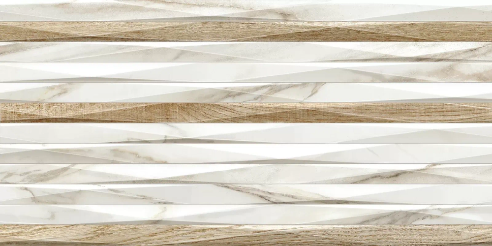 Настенная плитка Alma Ceramica TWU2550EPH14 Euphoria 24.9x50 белая / бежевая глянцевая / рельефная под мрамор / под дерево / полосы