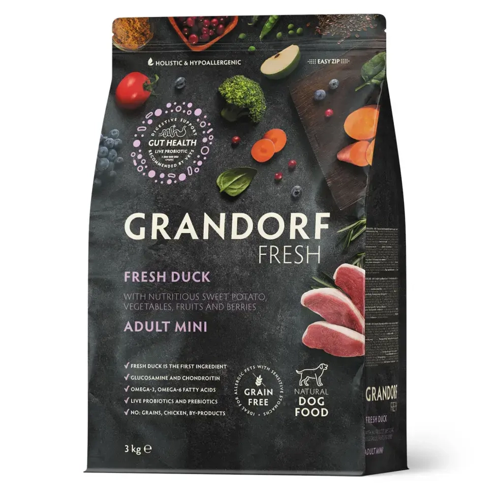 Grandorf fresh dog adult mini duck&sweet potato сухой беззерновой корм с живыми пробиотиками для взрослых собак мелких пород с уткой и бататом - 3 кг