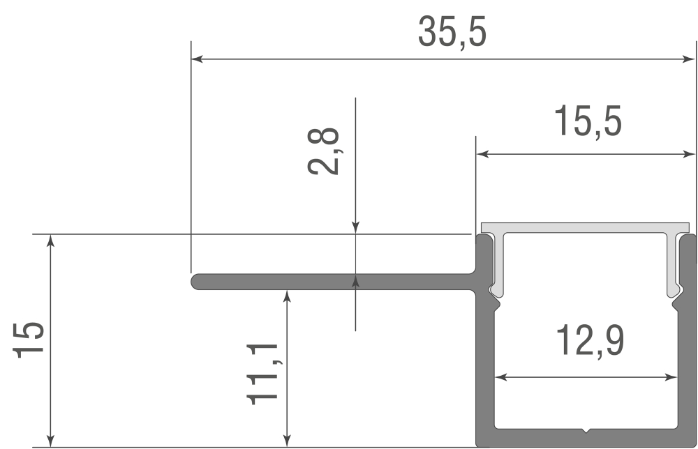 Встраиваемый алюминиевый анод. профиль под шпаклевку,  35, 5х15х2000мм. В комплекте матовый экран,  4 торцевые заглушки,  алюминий