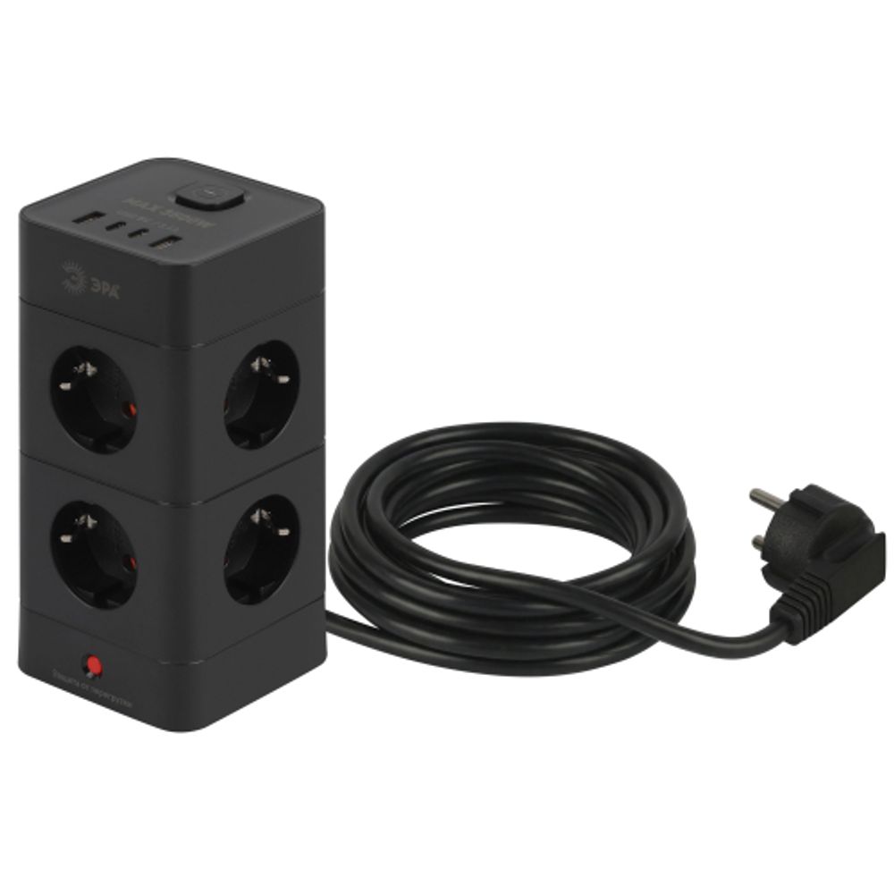 Сетевой фильтр ЭРА TWR-8es-1,5m-4USB-B башня с защитой заземлением с выключателем 8 розеток+4xUSBA+C 1,5м 16А черный | Сетевые фильтры