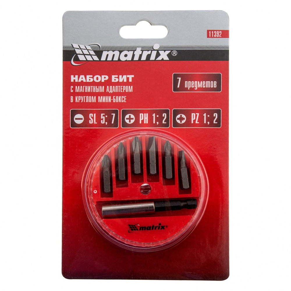 Набор бит, магнитный адаптер для бит, сталь 45Х, 7 предметов, пластиковый кейс Matrix