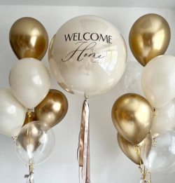 Воздушные шары на выписку бежевые + золото №3212