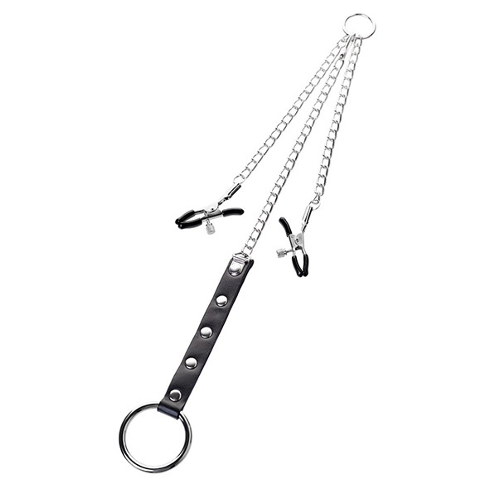 Серебристо-чёрные зажимы для сосков с кольцом для пениса ToyFa Metal 712051