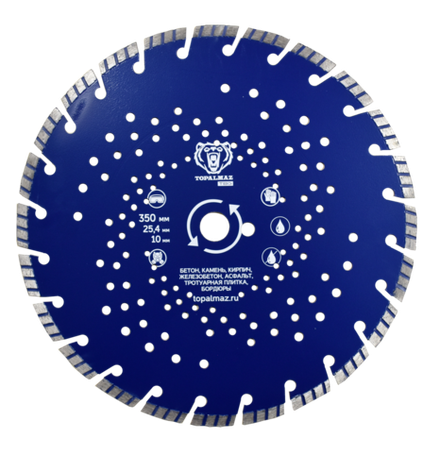 Диск алмазный для резки бетона TOPALMAZ TURBO. Диаметр 350 мм, посадочное 25,4 мм