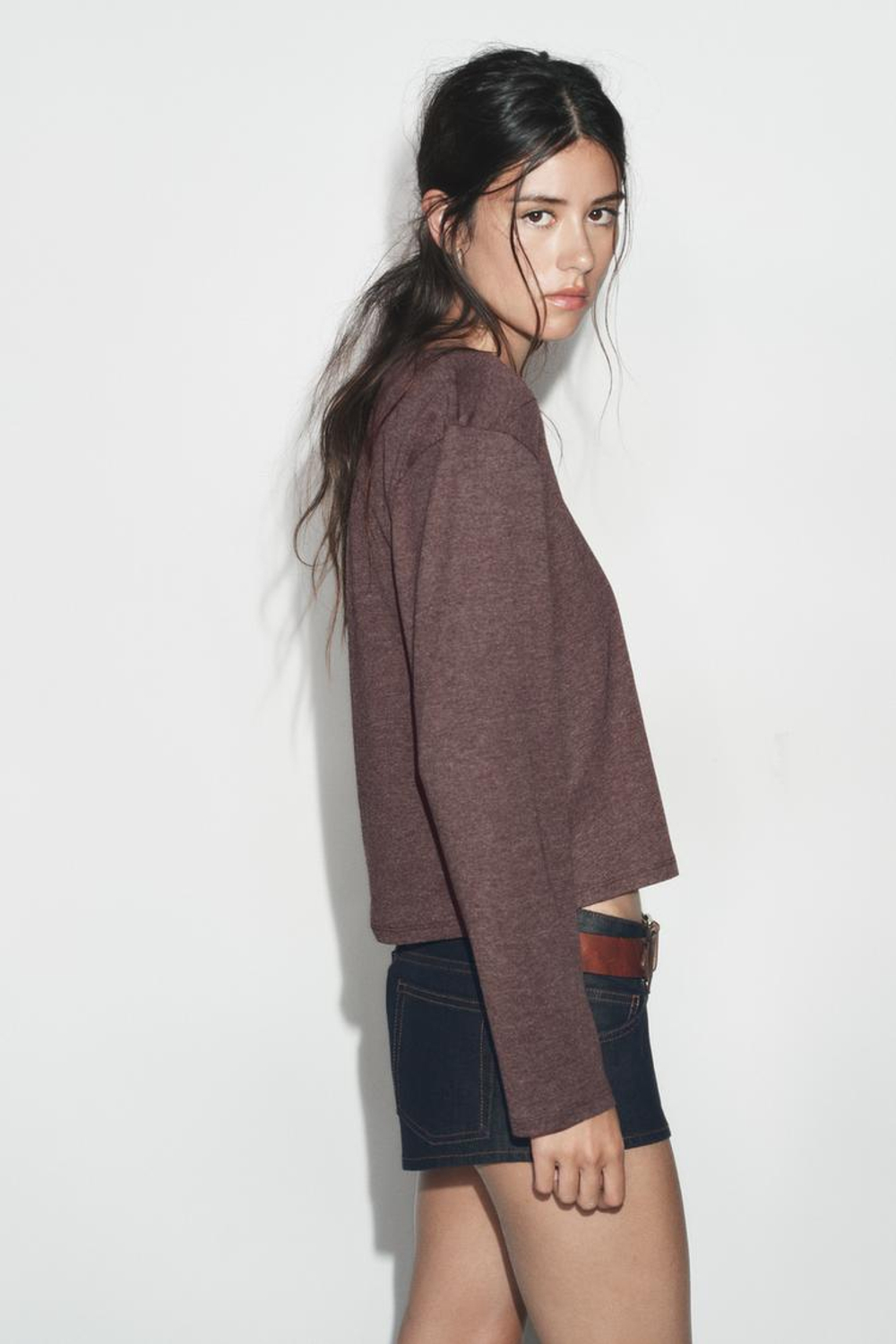 ZARA ФУТБОЛКА С ВЫРЕЗОМ «ЛОДОЧКА» И ДЛИННЫМИ РУКАВАМИ, РЫЖЕВАТО-КОРИЧНЕВЫЙ МЕЛАНЖ