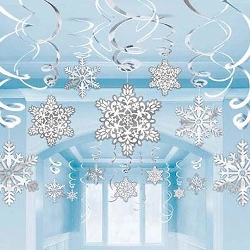 Спирали Снежинки белые,серебряные, 30 шт