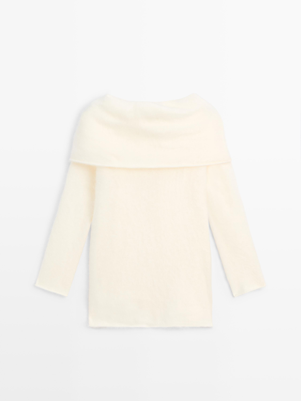 Massimo Dutti Трикотажный свитер из шерсти и кашемира с открытыми плечами, белый