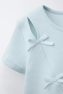 ZARA ФУТБОЛКА В РУБЧИК С БАНТАМИ, СИНИЙ