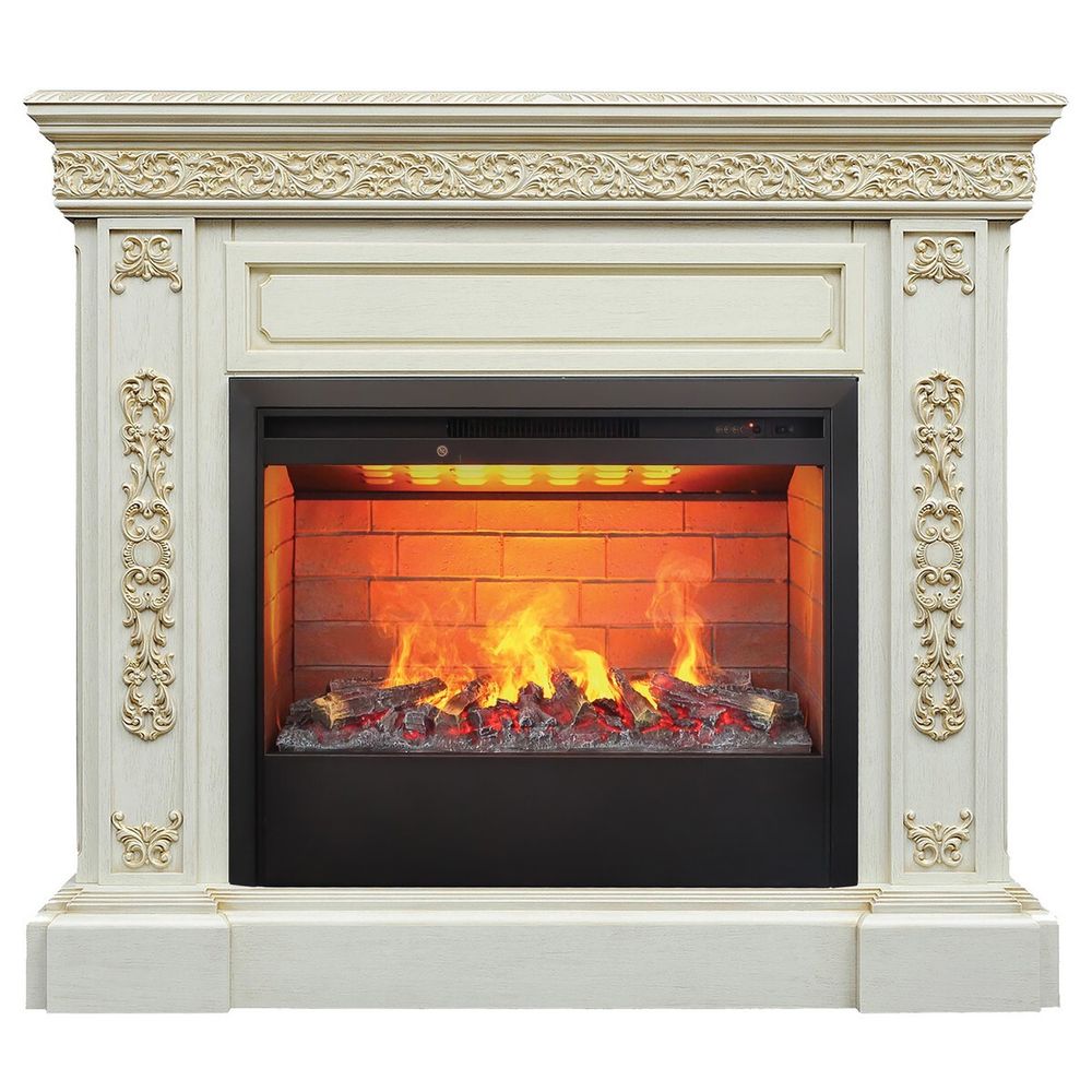 Электрокамин RealFlame Ekaterina 26 WT белый дуб с золотой патиной с очагом 3D Helios 26