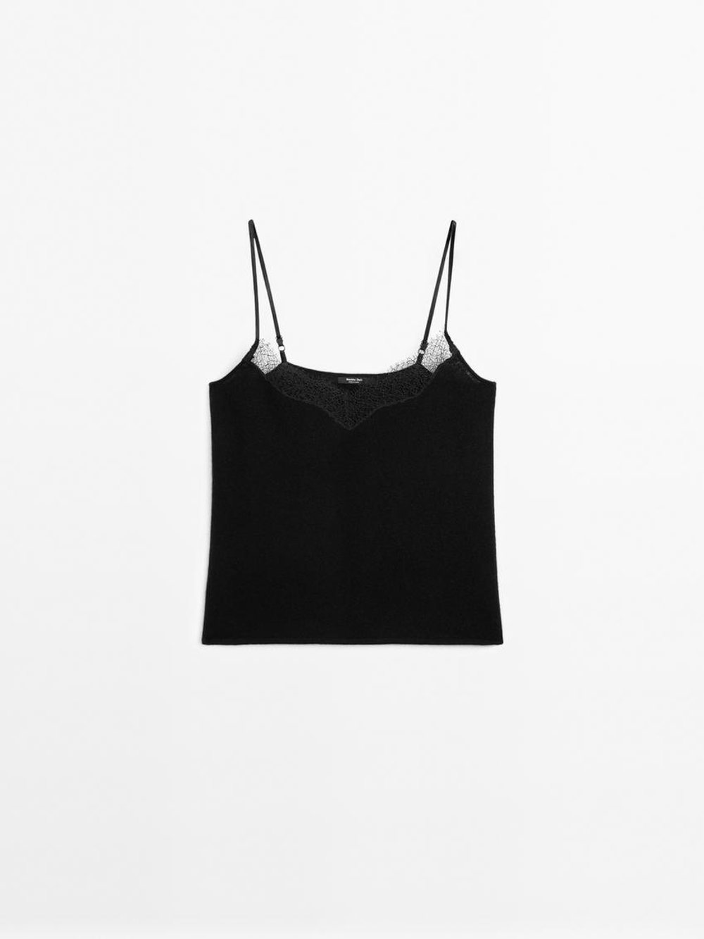 Massimo Dutti Топ в бельевом стиле с отделкой кружевом, черный
