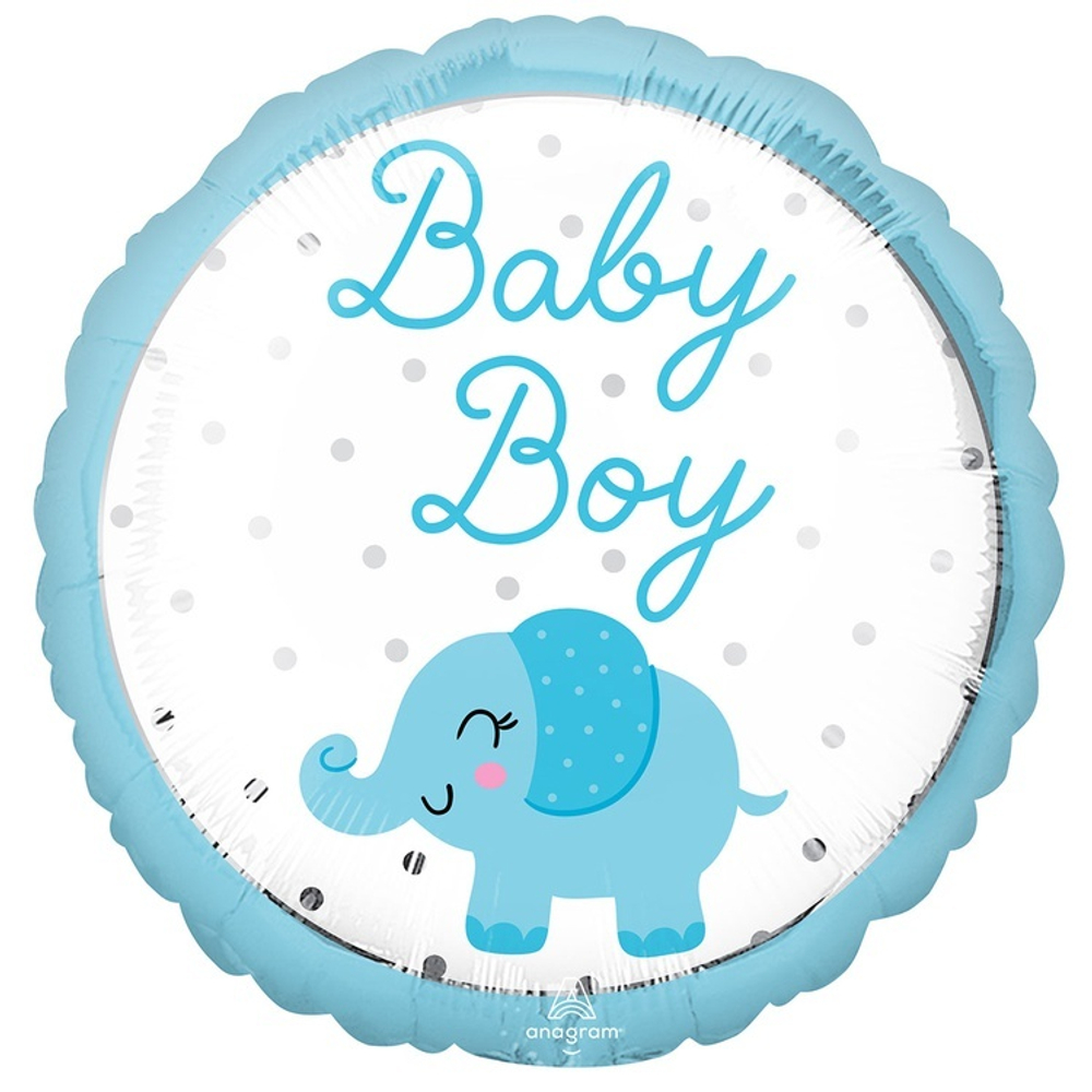 Фольгированная фигура, круг, BABY BOY Слоник голубой S40,18"/46СМ